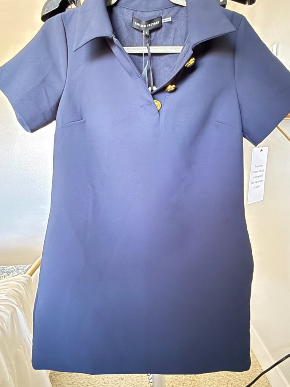 English Factory Navy Gold Button Collared Mini Shift Dress Size S NWT - Picture 6 of 14